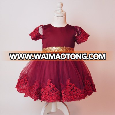 New infants children pleated lace sequins dress girl bow lace dress