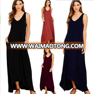 2018 Summer Beach Vest Dress Solid V-neck Long Dress Women's Sexy Tank Dress