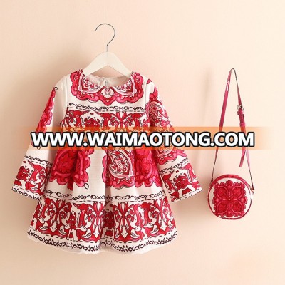 2018 New Children's Print Dress Spring and Autumn Girls Long Sleeve Cotton Dress Set